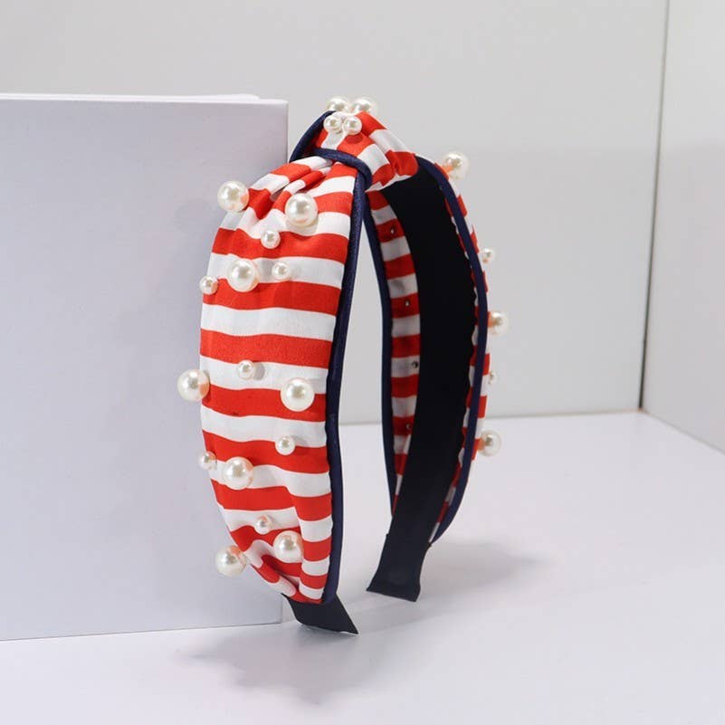 4TH OF JULY USA STRIPE PEARL HEADBAND | 40HB190: Red