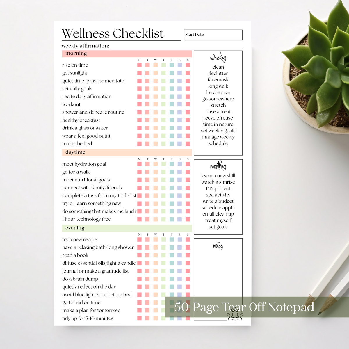 Weekly Self-Care Planner: 50 Page Tear-Off Notepad