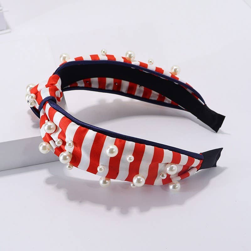 4TH OF JULY USA STRIPE PEARL HEADBAND | 40HB190: Red