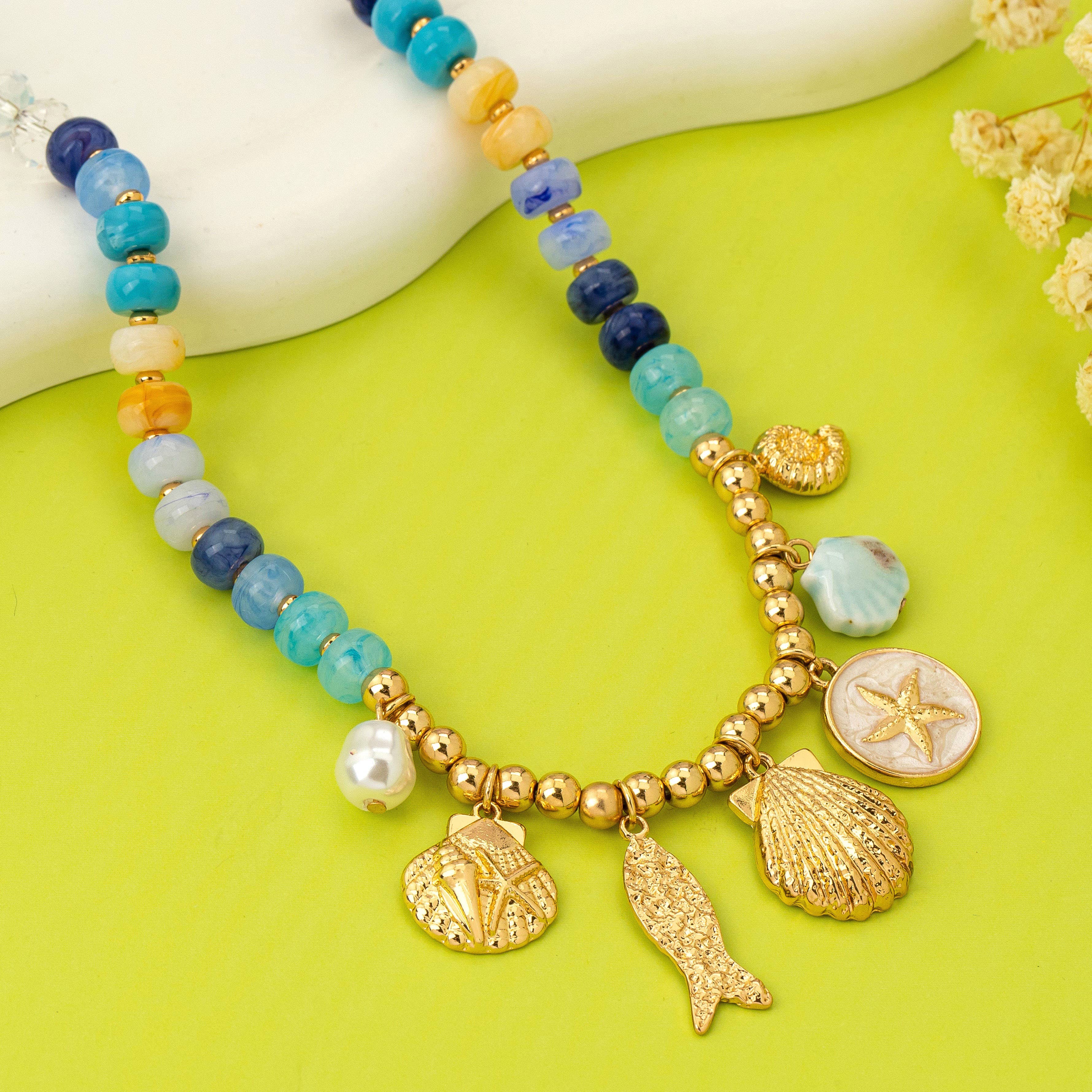 Nautical Blue Beaded Sealife Charm Necklace | 80N92927: Gold