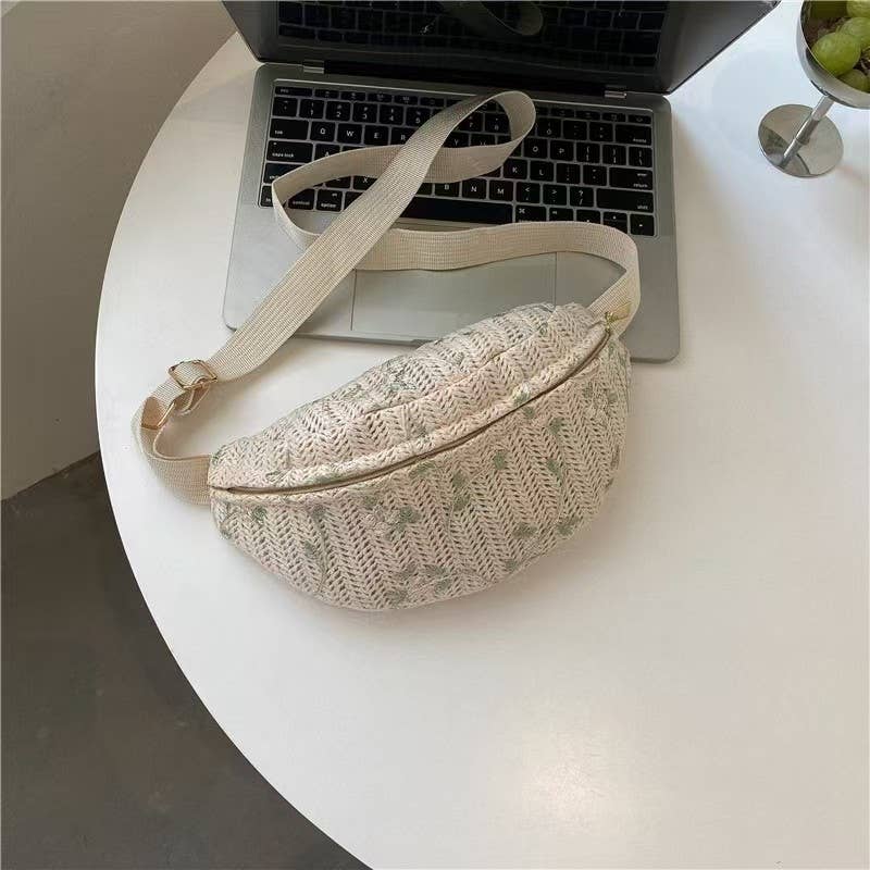 RAFFIA STRAW WAIST FANNY PACK CROSSBODY BELT BAG | 40P559: Beige