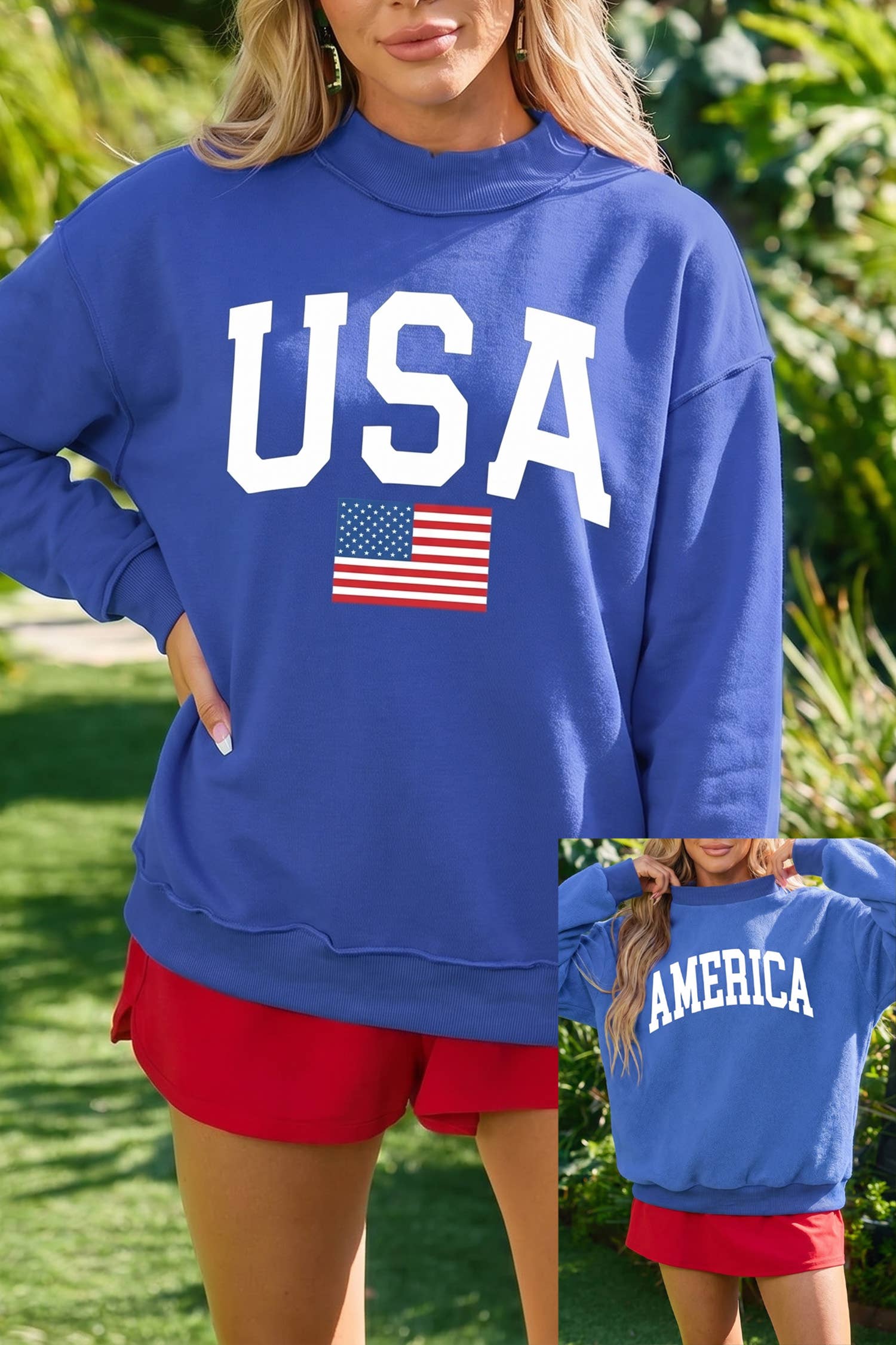 USA America Letter Reversible Graphic Mock Neck Sweatshirt: Light Grey / L