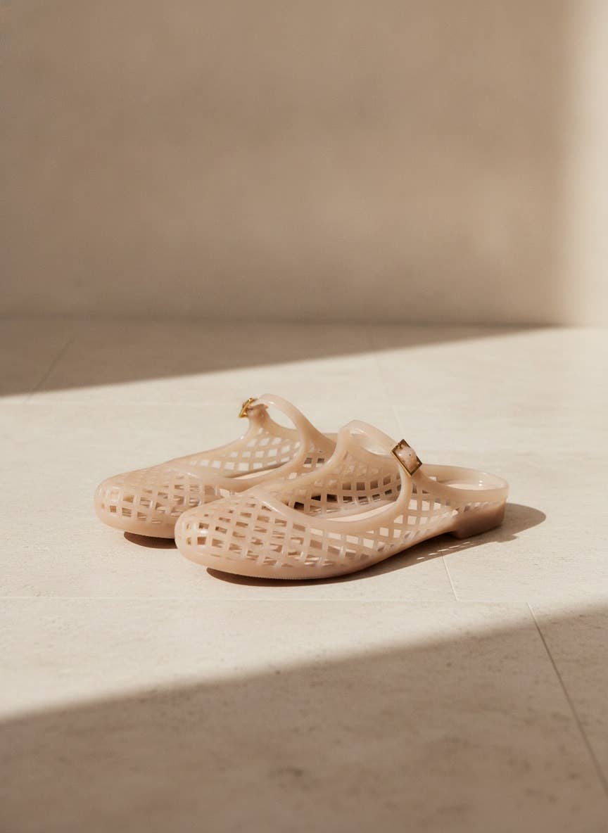 MACY-01 Woven Jelly Mary Jane Flats with Buckle Strap: NUDE / B12