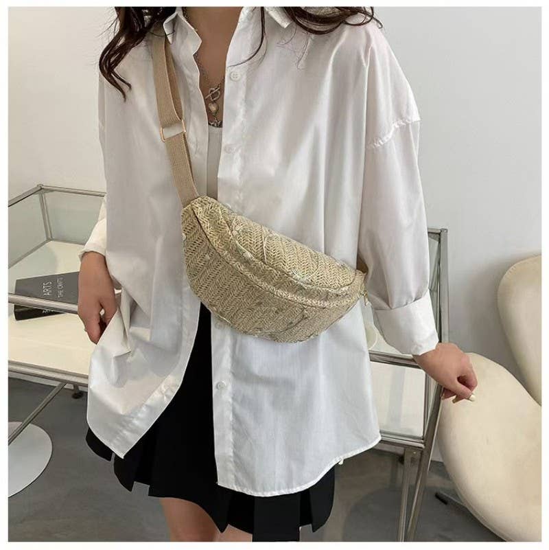 RAFFIA STRAW WAIST FANNY PACK CROSSBODY BELT BAG | 40P559: Beige