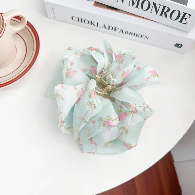 LARGE FLORAL DITSY SHEER BOW HAIR CLAW CLIPS | 40H905: MINT