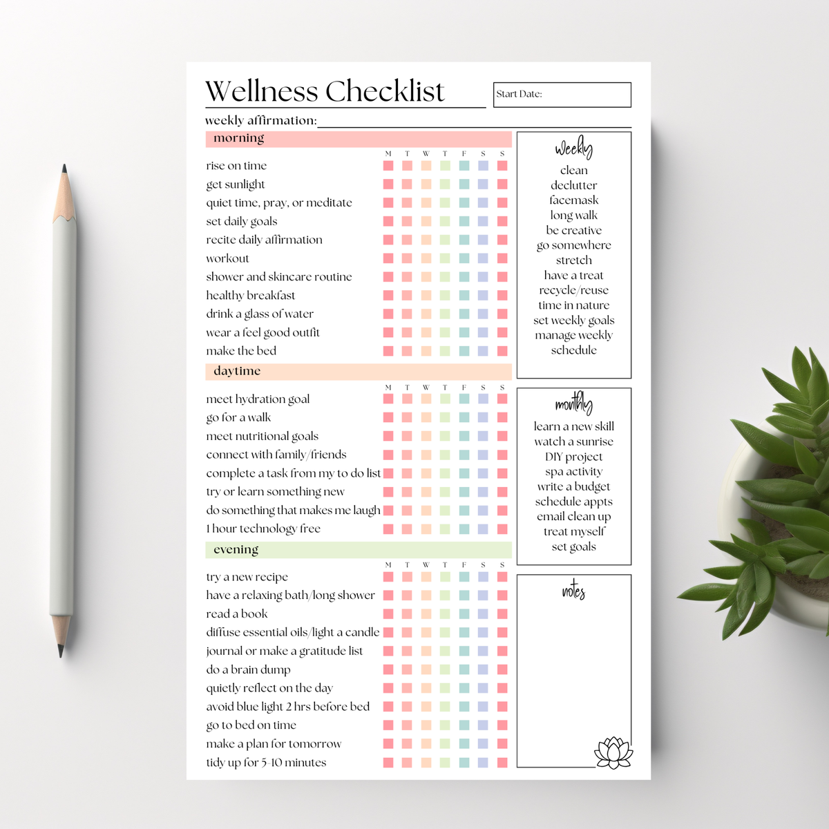 Weekly Self-Care Planner: 50 Page Tear-Off Notepad