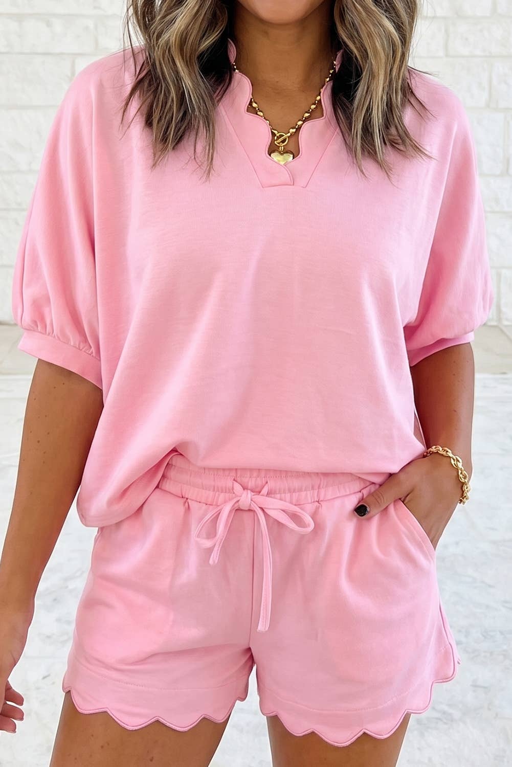 Scalloped V Neck Dolman Oversize Top Drawstring Short Set: Gossamer Pink / L