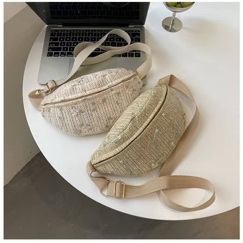 RAFFIA STRAW WAIST FANNY PACK CROSSBODY BELT BAG | 40P559: Beige