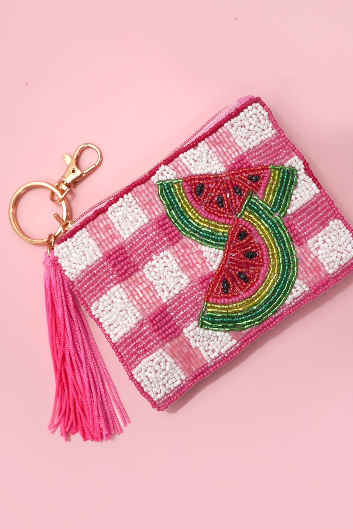 CHECKER FRUIT SEED BEAD COIN TASSEL PURSE 91CP1008: CHERRY 980