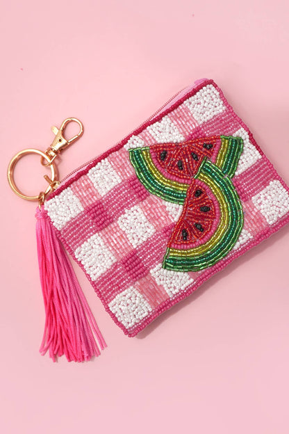 CHECKER FRUIT SEED BEAD COIN TASSEL PURSE 91CP1008: CHERRY 980