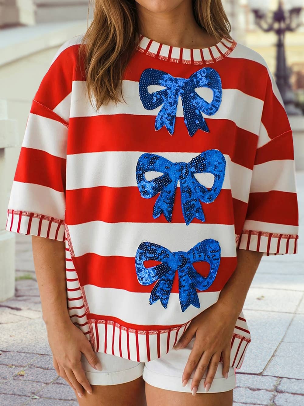 Stripe Sequin Bow USA Patriotic Half Sleeve Top: Red Stripe / XL