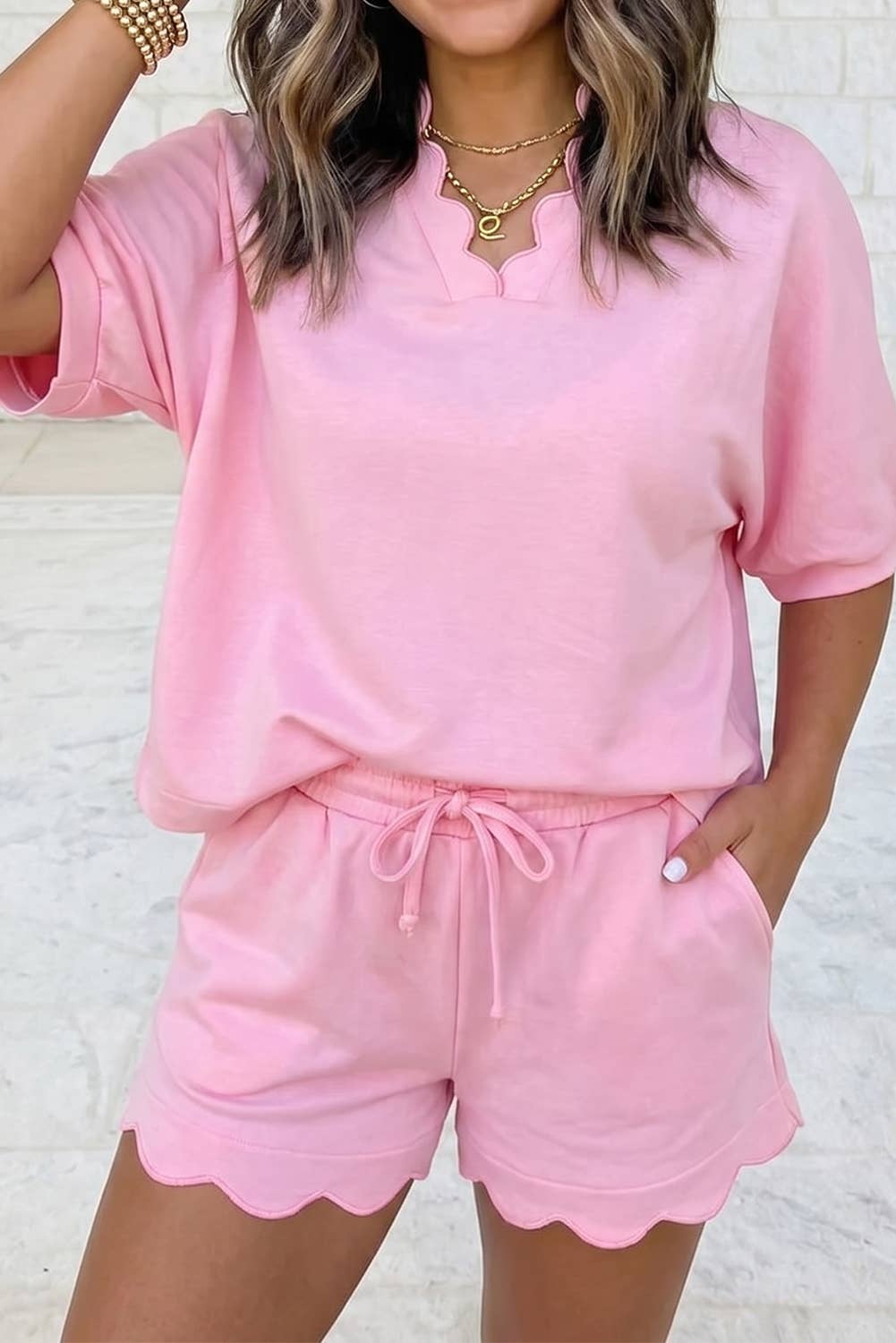 Scalloped V Neck Dolman Oversize Top Drawstring Short Set: Gossamer Pink / M