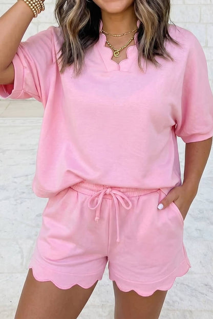 Scalloped V Neck Dolman Oversize Top Drawstring Short Set: Gossamer Pink / L