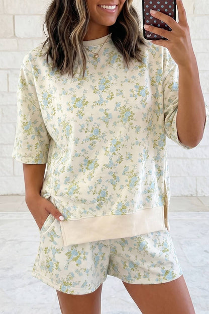 Floral Oversize Sweat Tee Elastic Waist Pocket Short 2PC Set: Sky Blue / XL