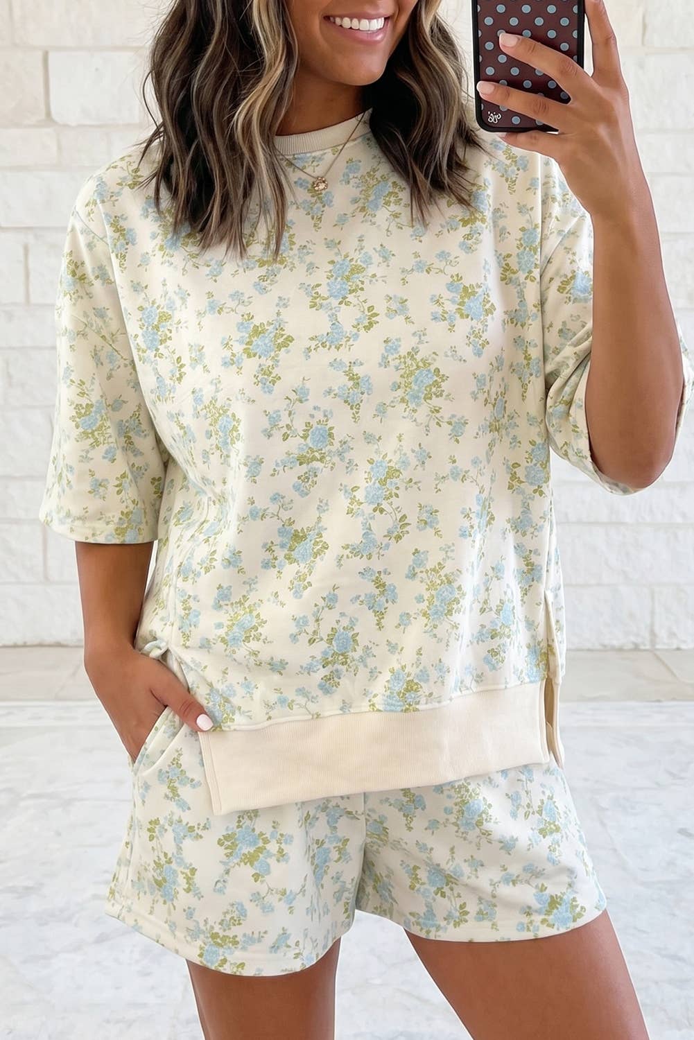 Floral Oversize Sweat Tee Elastic Waist Pocket Short 2PC Set: Sky Blue / S