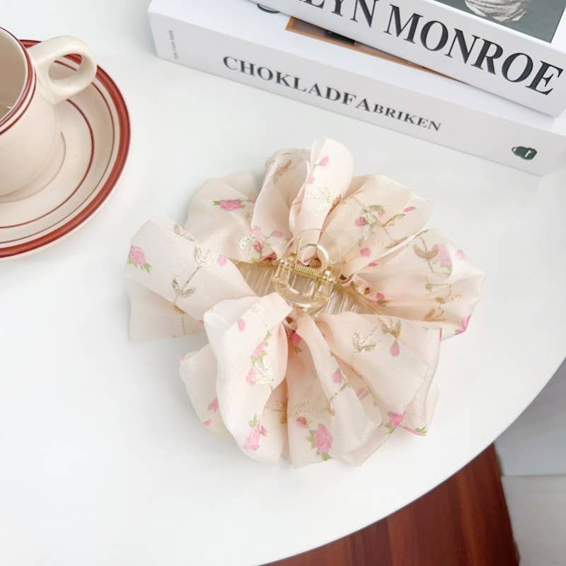 LARGE FLORAL DITSY SHEER BOW HAIR CLAW CLIPS | 40H905: MINT