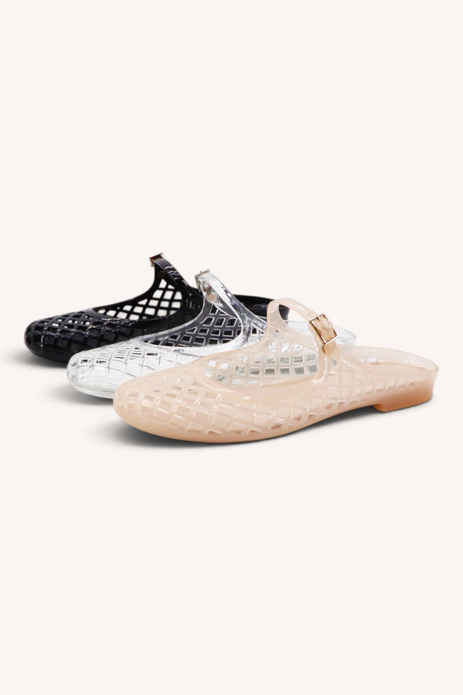 MACY-01 Woven Jelly Mary Jane Flats with Buckle Strap: NUDE / B12