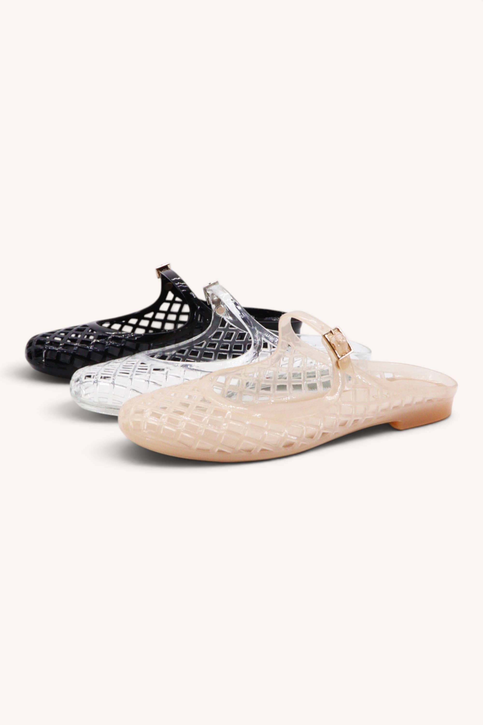 MACY-01 Woven Jelly Mary Jane Flats with Buckle Strap: NUDE / B12