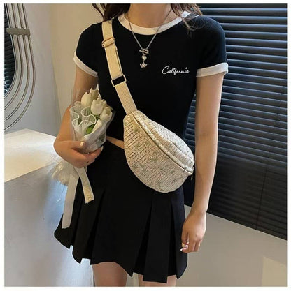 RAFFIA STRAW WAIST FANNY PACK CROSSBODY BELT BAG | 40P559: TAN