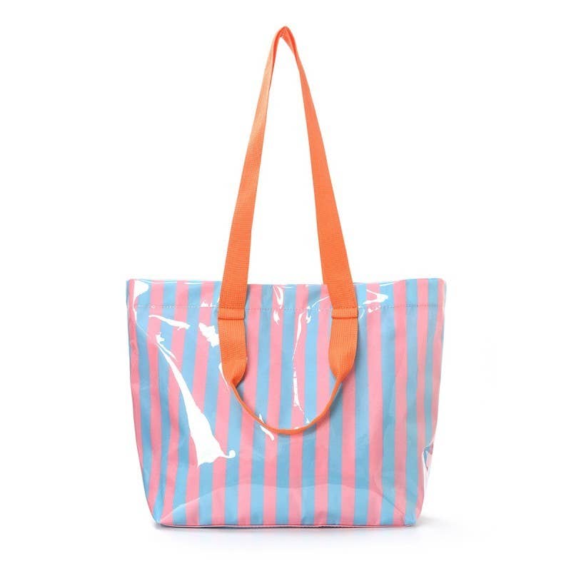 Large Striped Vinyl Tote Bags with Shoulder Strap | 40P619: Fuchsia Orange