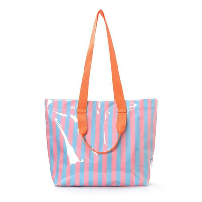 Large Striped Vinyl Tote Bags with Shoulder Strap | 40P619: Fuchsia Orange