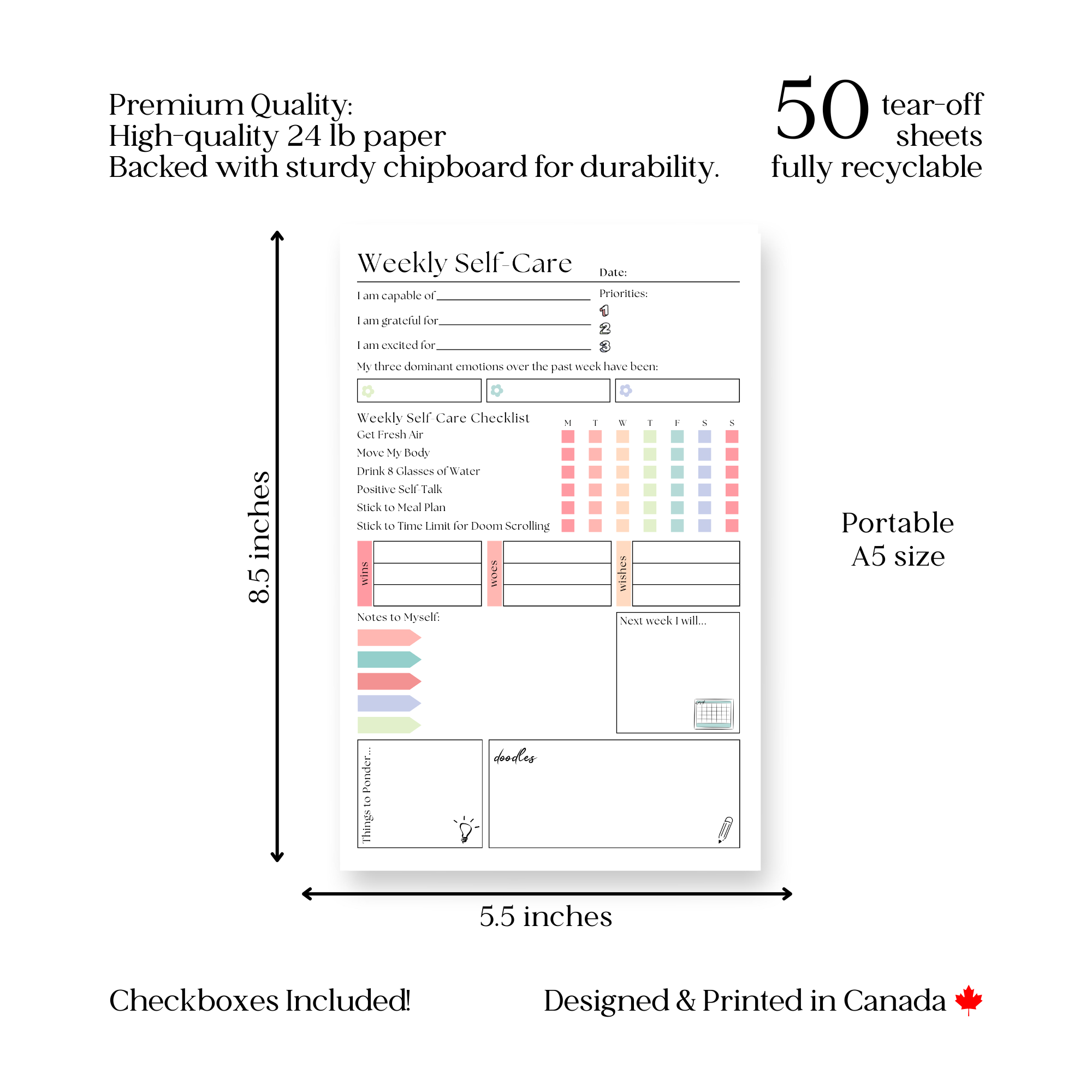 Weekly Self-Care Planner: 50 Page Tear-Off Notepad