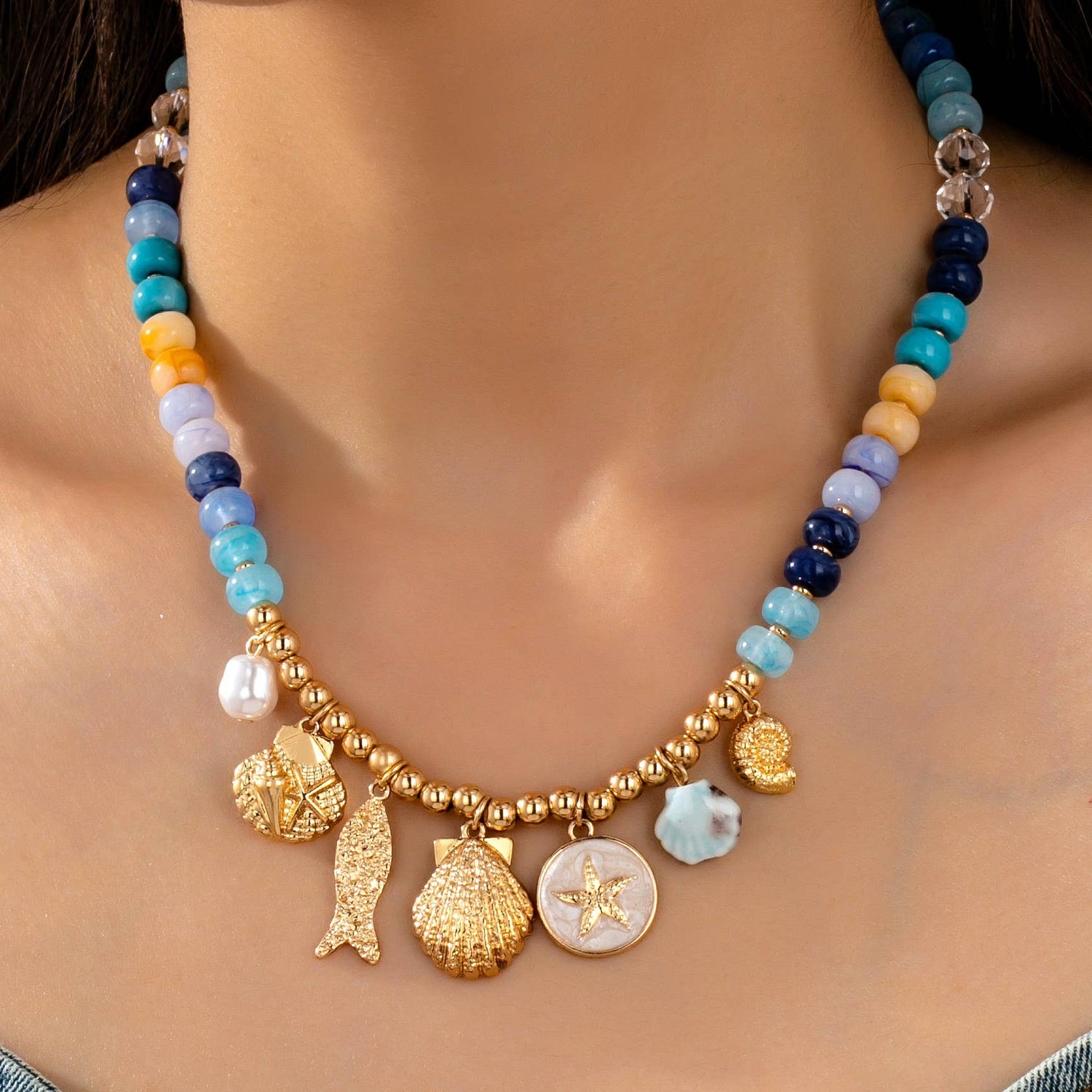 Nautical Blue Beaded Sealife Charm Necklace | 80N92927: Gold