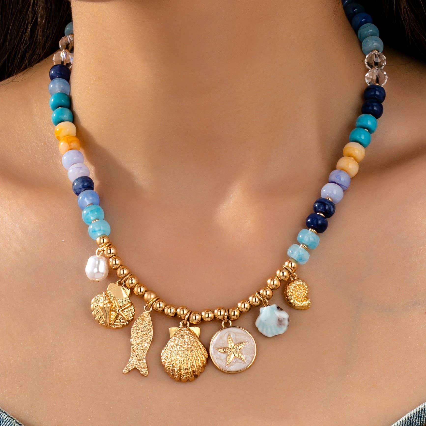 Nautical Blue Beaded Sealife Charm Necklace | 80N92927: Gold