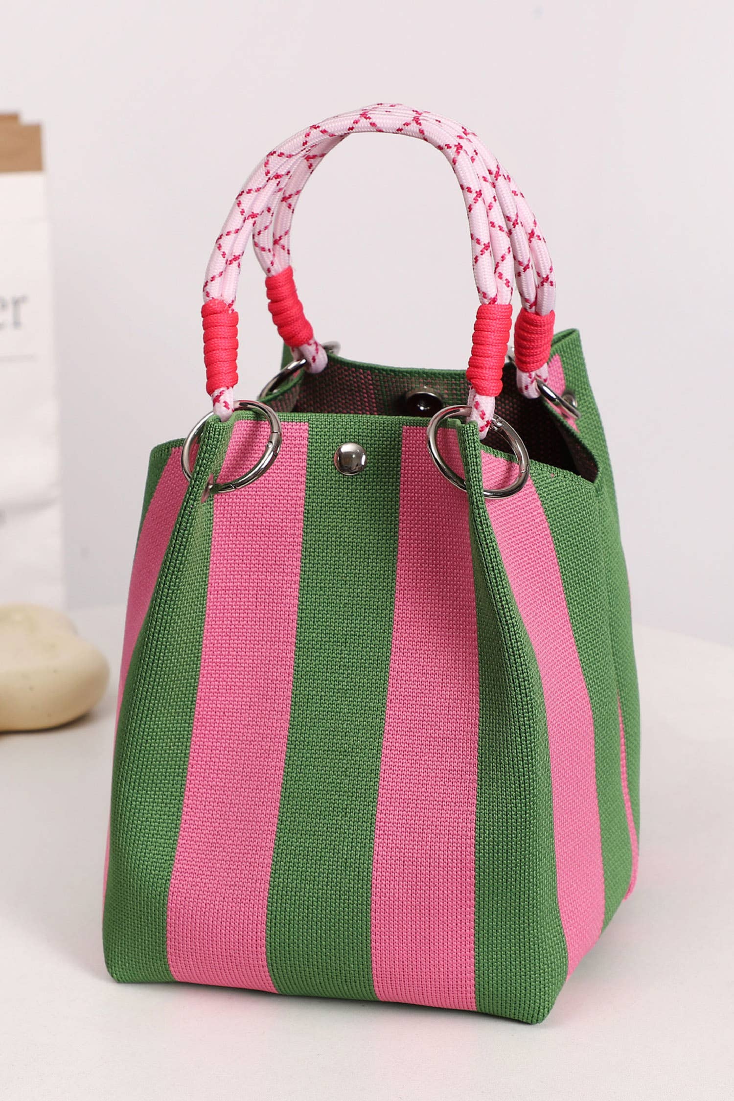 Boho Striped Tote Bag with Metal Ring Handle 10.2"*6.3"*6.7": Fern Green / One Size