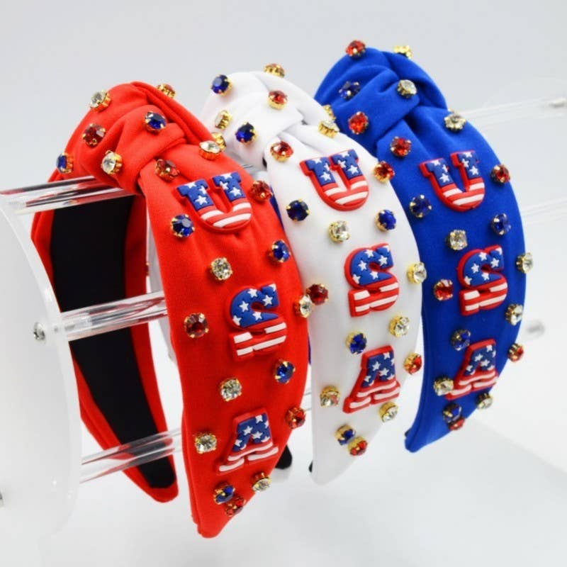 4TH OF JULY USA RHINESTONE STUD HEADBAND | 40HB164: Blue