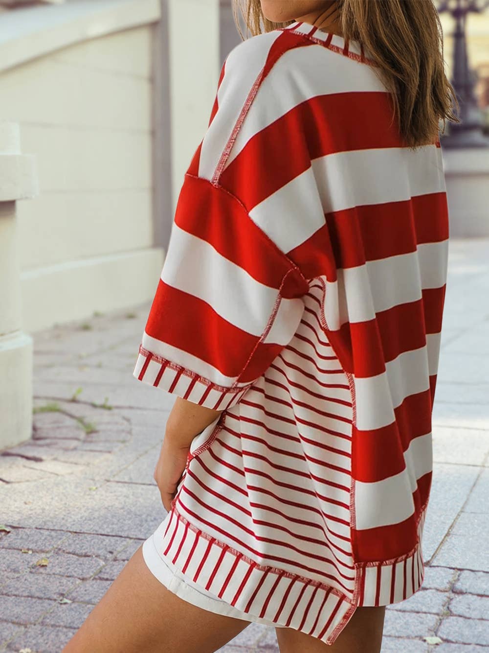 Stripe Sequin Bow USA Patriotic Half Sleeve Top: Red Stripe / XL