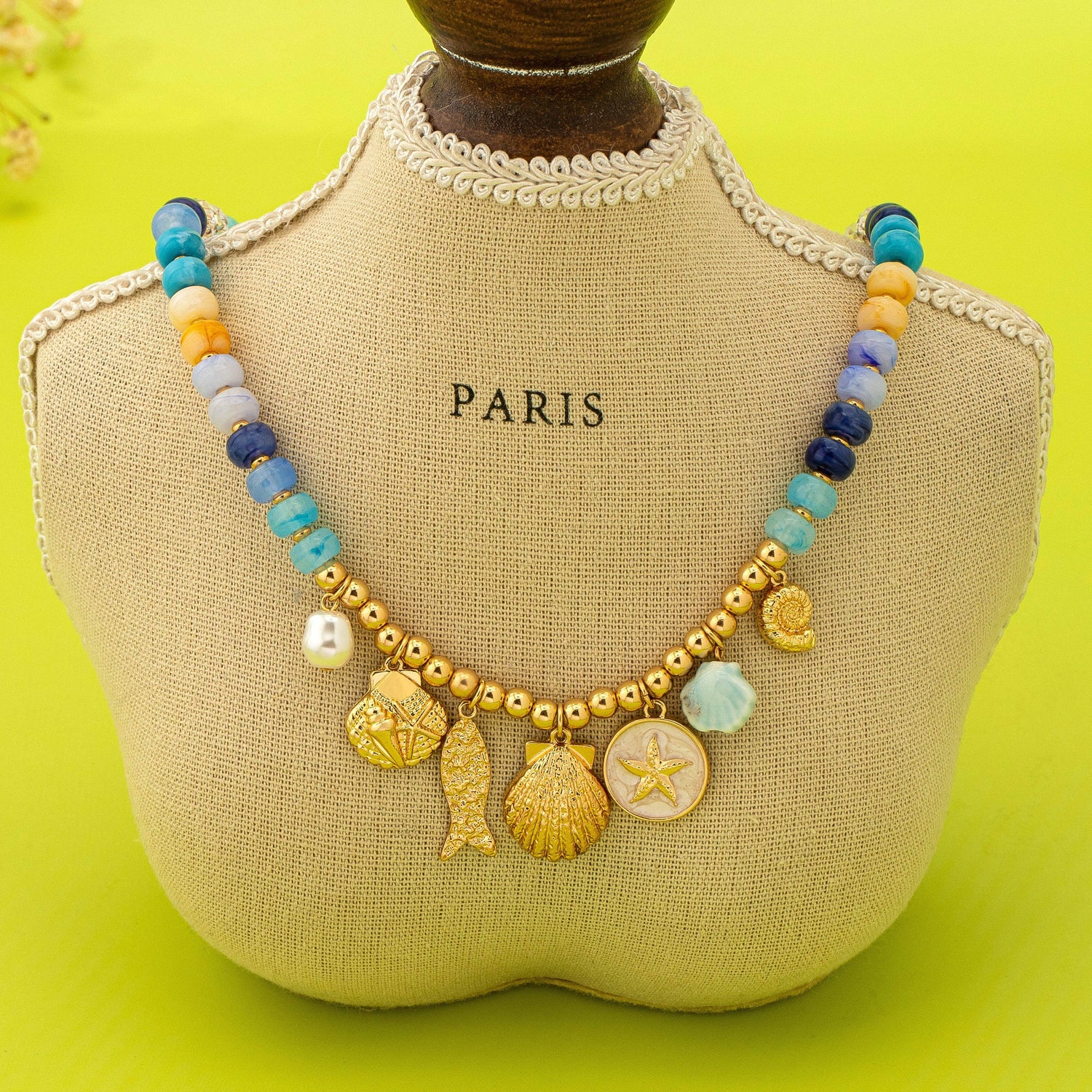 Nautical Blue Beaded Sealife Charm Necklace | 80N92927: Gold
