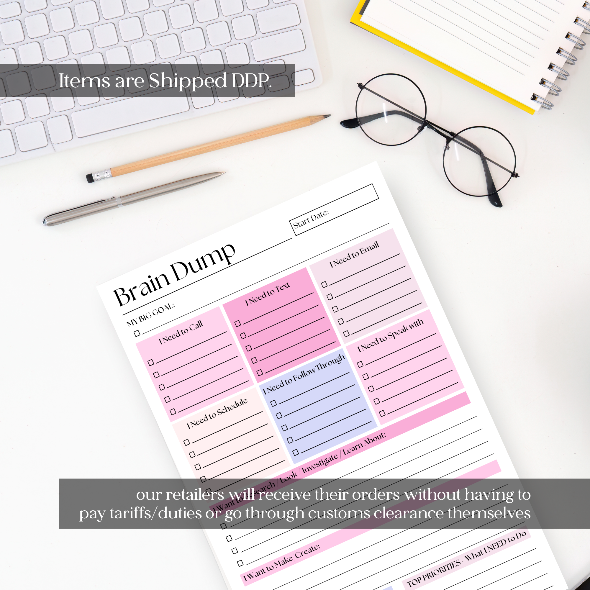 Brain Dump Notepad: Pink 50-Page Daily ADHD Planner