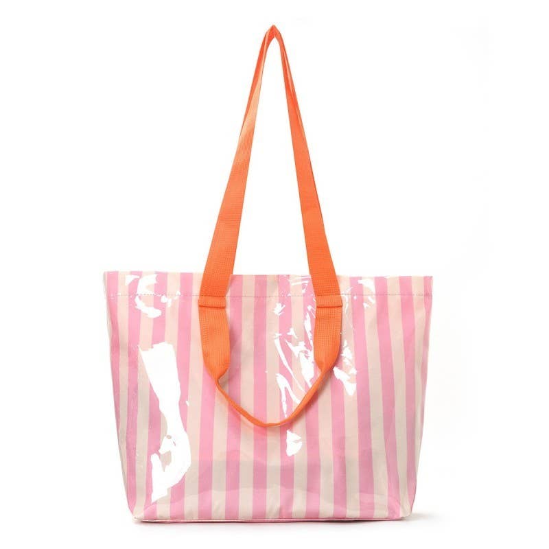 Large Striped Vinyl Tote Bags with Shoulder Strap | 40P619: Pink Green