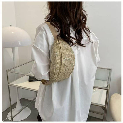 RAFFIA STRAW WAIST FANNY PACK CROSSBODY BELT BAG | 40P559: Beige