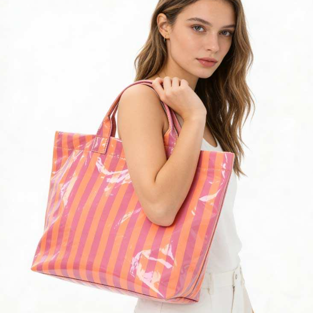 Large Striped Vinyl Tote Bags | 40P595: FUCHSIA ORANGE