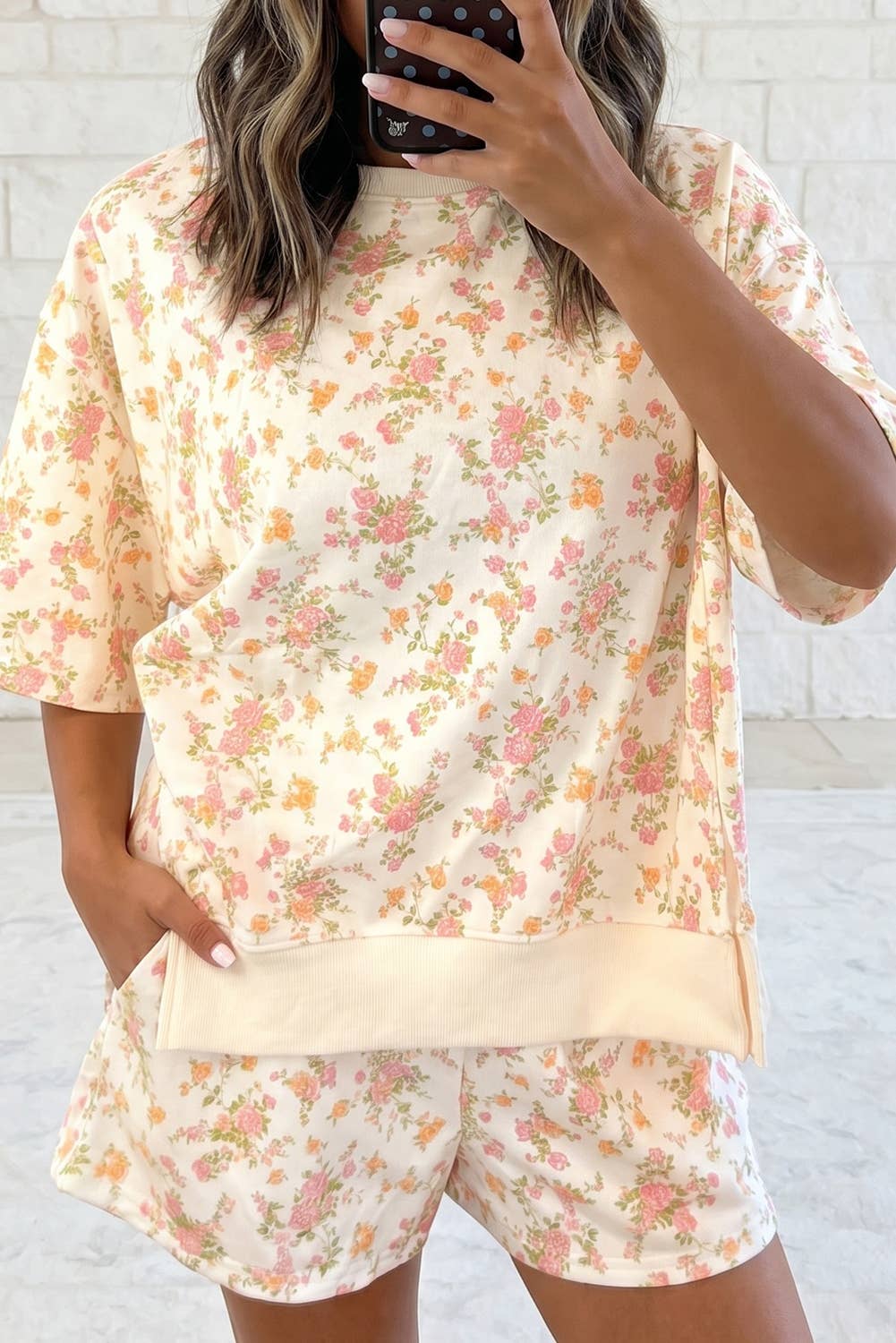Floral Oversize Sweat Tee Elastic Waist Pocket Short 2PC Set: Sky Blue / S