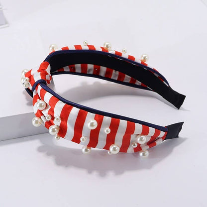 4TH OF JULY USA STRIPE  PEARL HEADBAND | 40HB190: Red