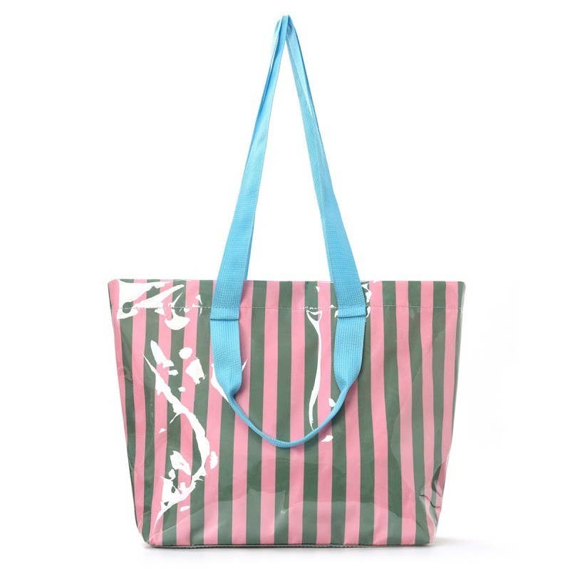 Large Striped Vinyl Tote Bags with Shoulder Strap | 40P619: Pink Green