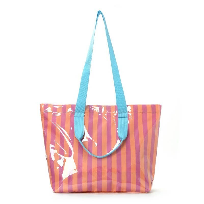 Large Striped Vinyl Tote Bags with Shoulder Strap | 40P619: Fuchsia Orange