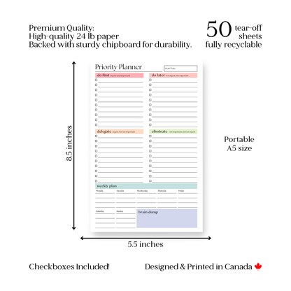 Priority Planner To Do Checklist: 50-Page Tear-Off Notepad