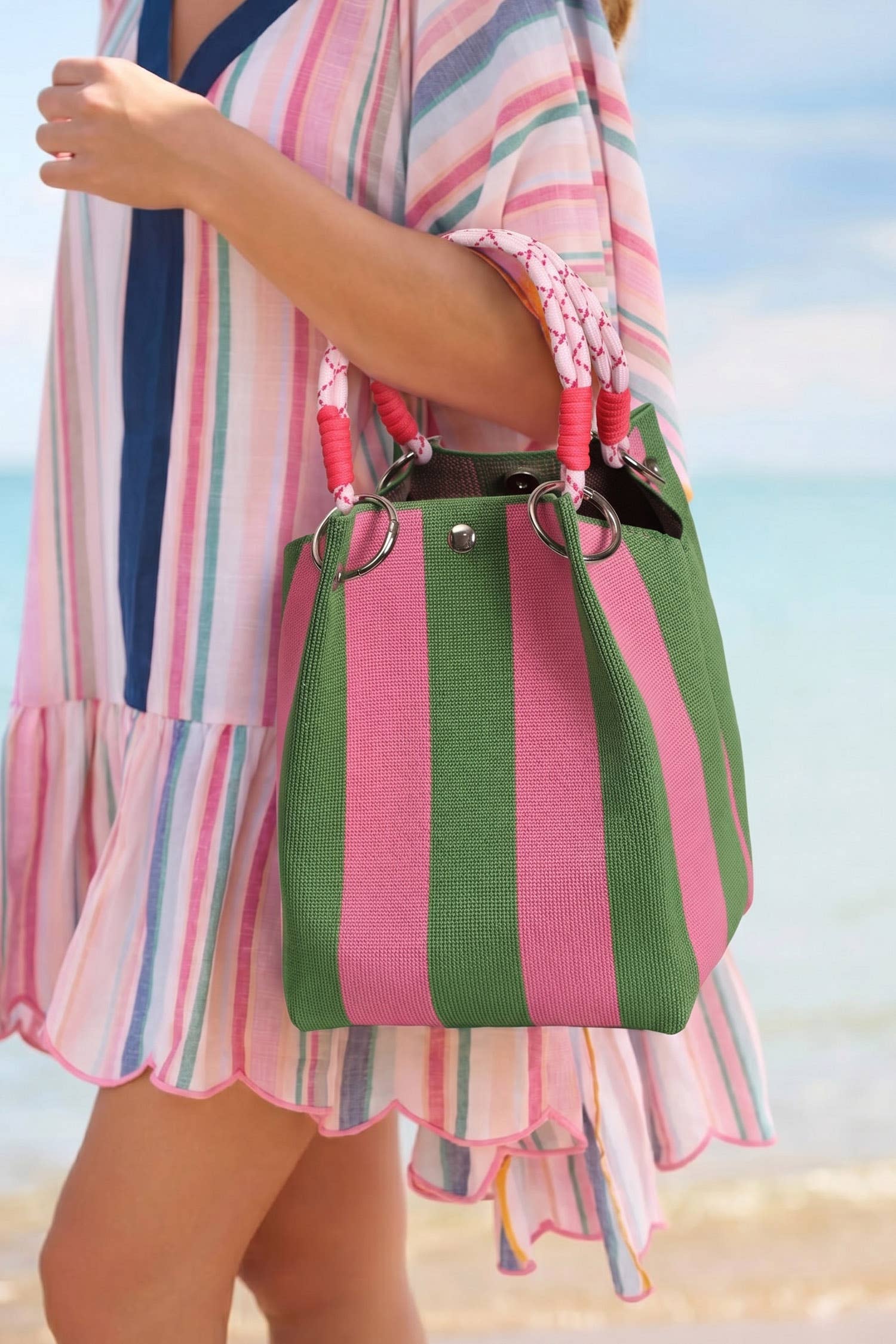 Boho Striped Tote Bag with Metal Ring Handle 10.2"*6.3"*6.7": Fern Green / One Size