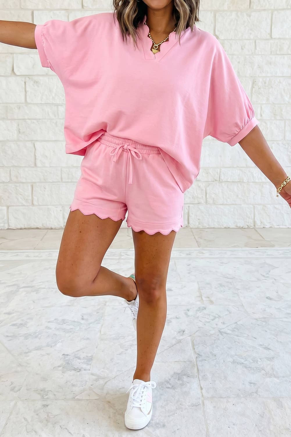 Scalloped V Neck Dolman Oversize Top Drawstring Short Set: Gossamer Pink / XL
