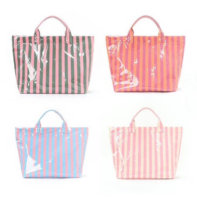 Large Striped Vinyl Tote Bags | 40P595: FUCHSIA ORANGE