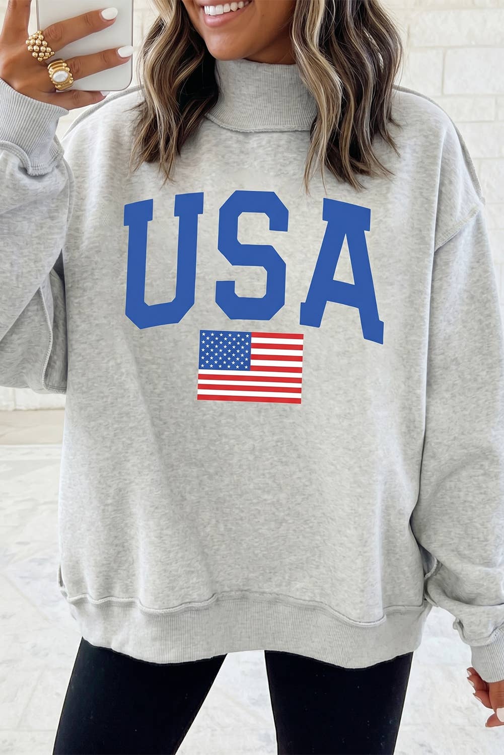 USA America Letter Reversible Graphic Mock Neck Sweatshirt: Light Grey / XL