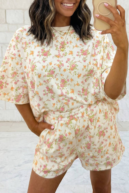 Floral Oversize Sweat Tee Elastic Waist Pocket Short 2PC Set: Sky Blue / L