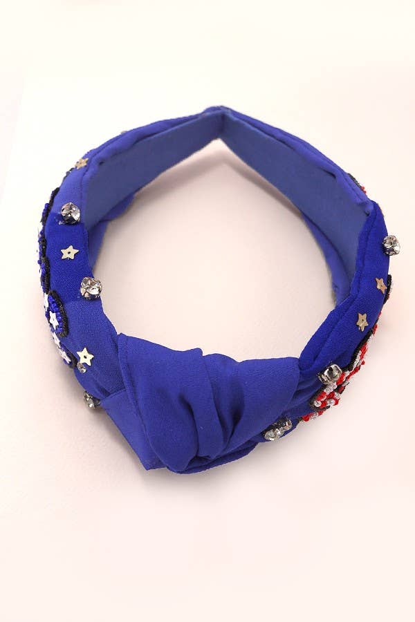 4TH OF JULY SEEDBEAD STARS STRIPES HEADBAND | 91HB5258: White