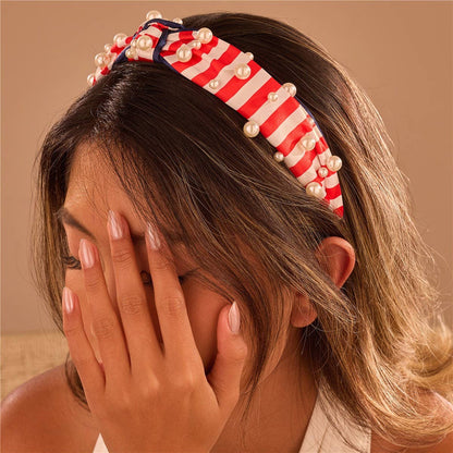 4TH OF JULY USA STRIPE  PEARL HEADBAND | 40HB190: Red