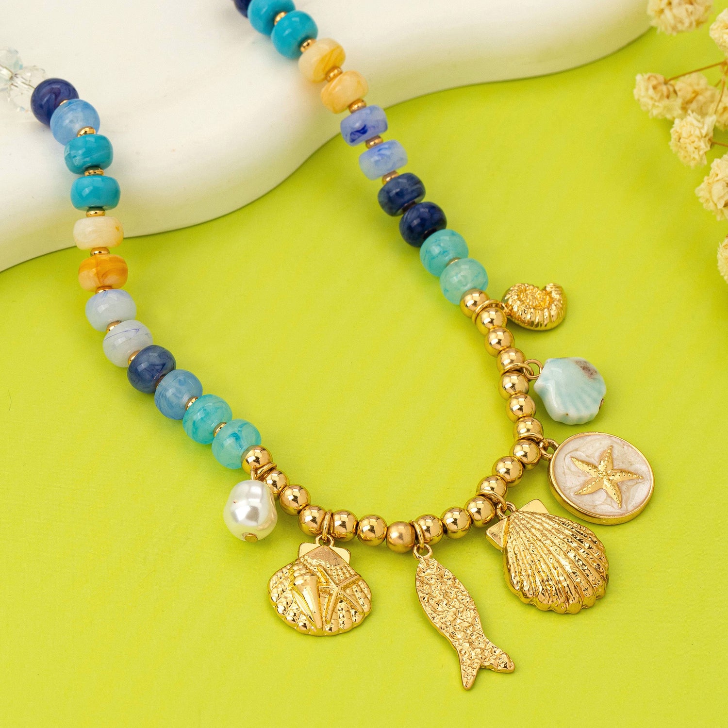 Nautical Blue Beaded Sealife Charm Necklace | 80N92927: Gold