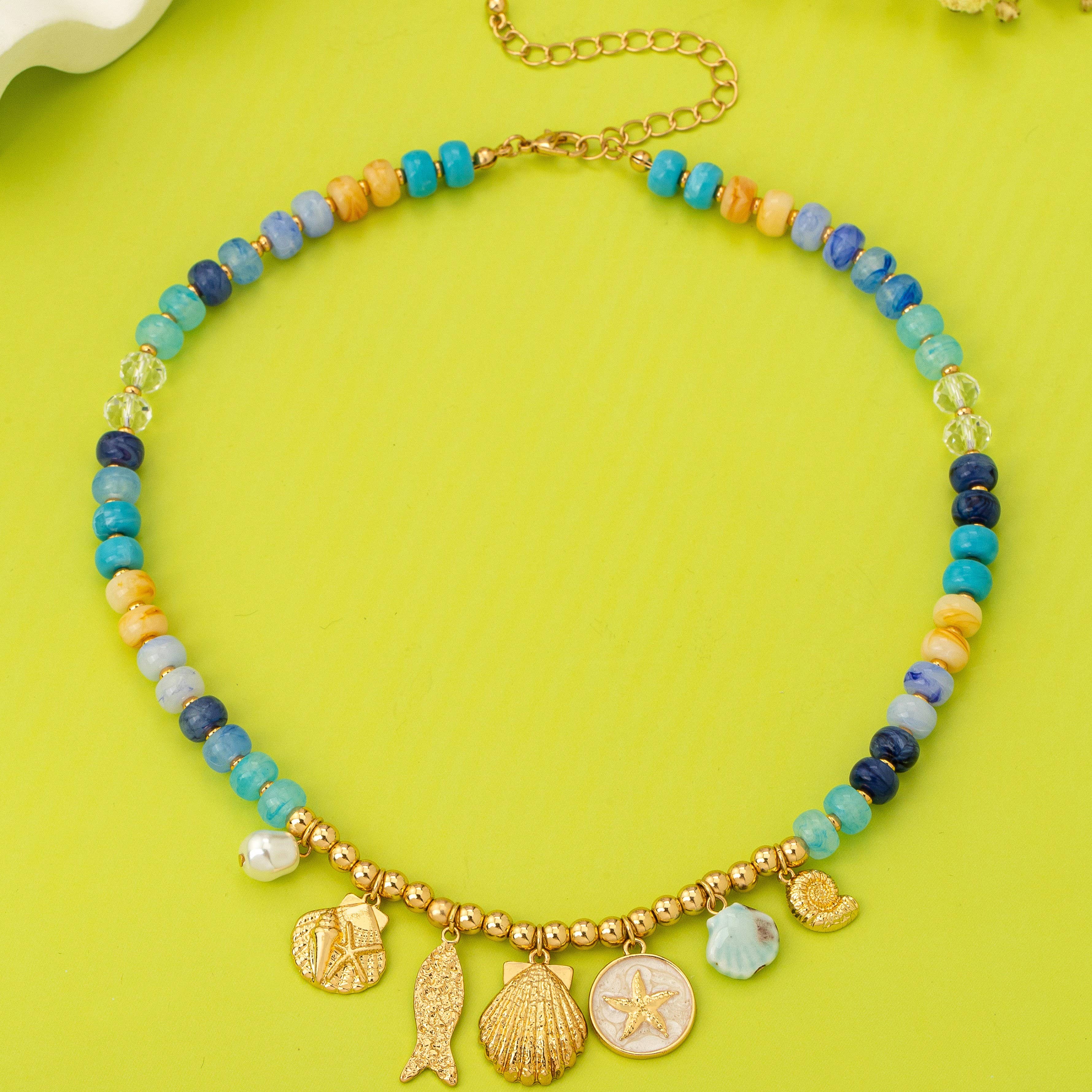 Nautical Blue Beaded Sealife Charm Necklace | 80N92927: Gold
